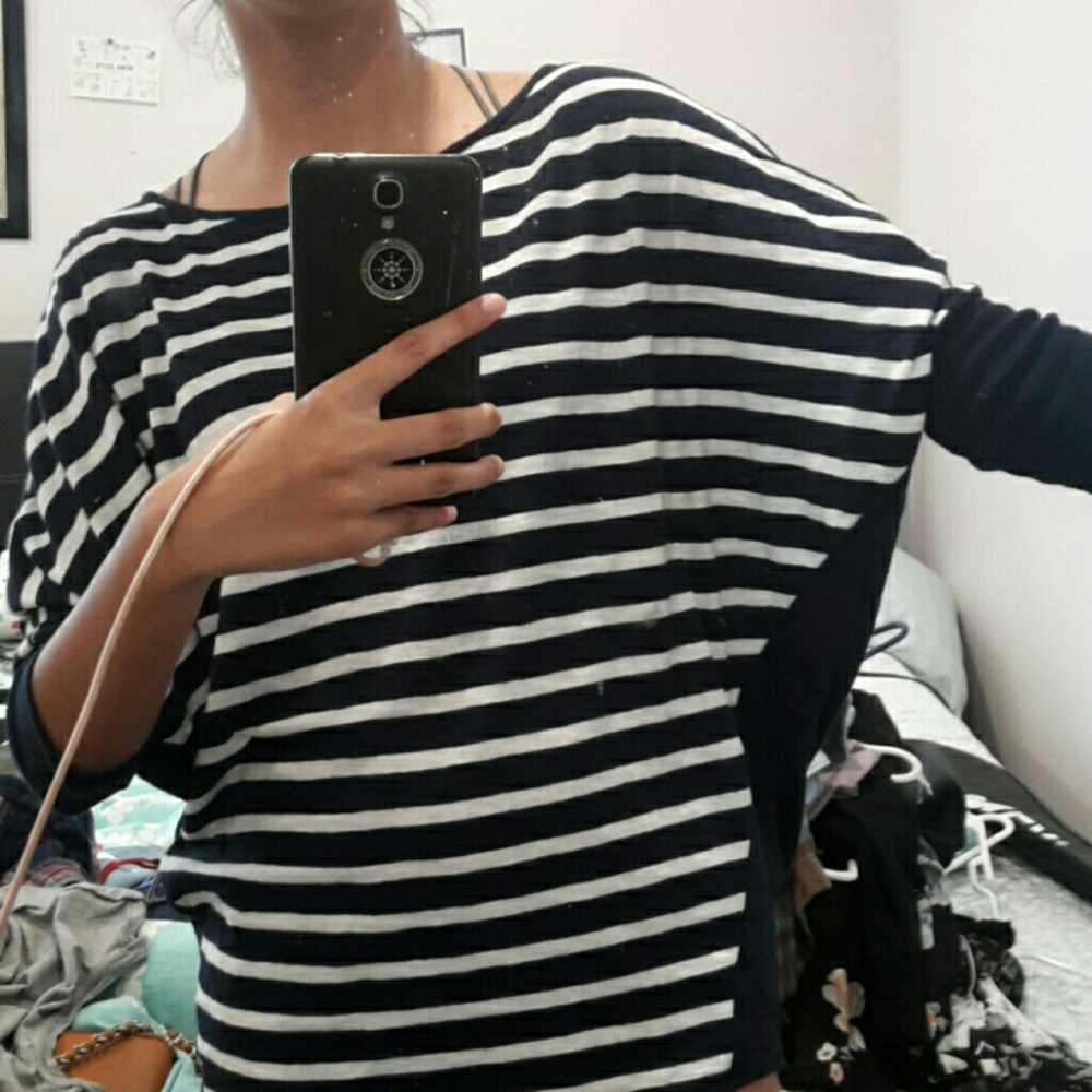 Poncho style navy and white striped top